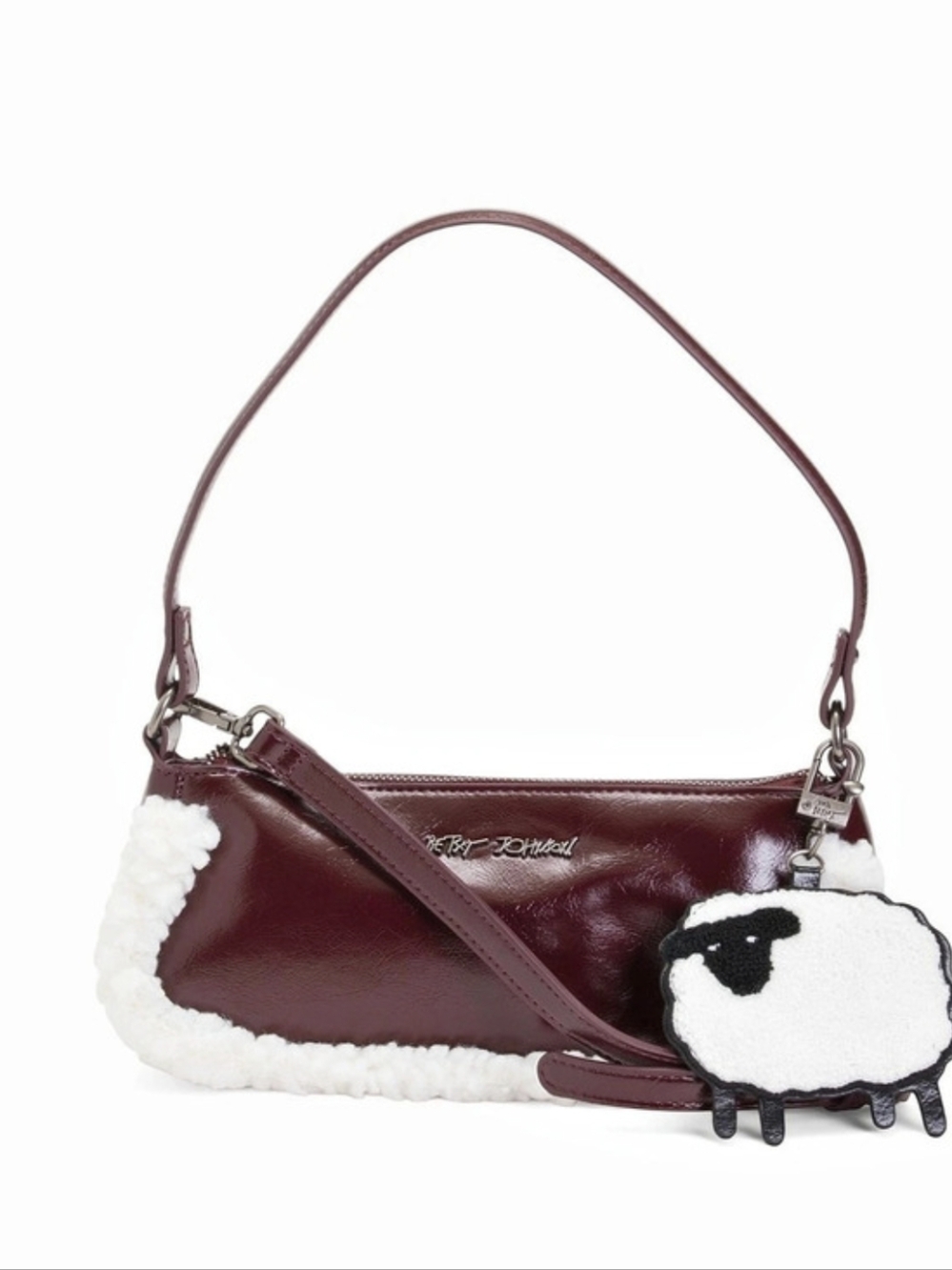 💜▪️Betsey ▪️Johnson Burgundy Patent Shoulder Bag with Shearling Sheep Charm